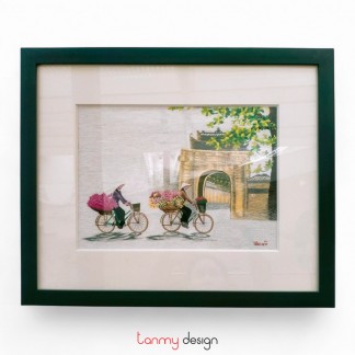 Hand-embroidered painting - Two girls carrying flowers